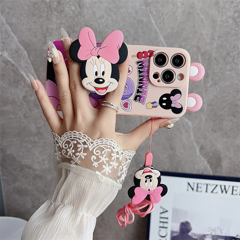 3D Ears Cartoon Minnie Mickey Toy Phone Holder Strap Case For Huawei Y5 Y6 Y7 Y9 Prime Y5P Y6P Y7P Y9S Y7A Y9A Cover