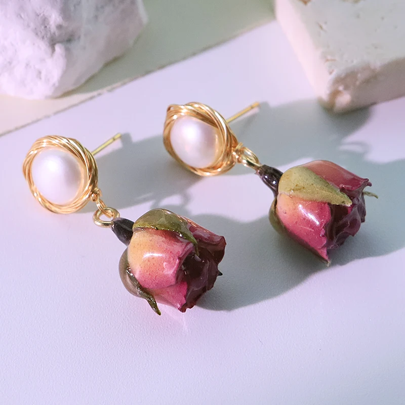 Pink Purple Rose Real Flower Eternal Flower Pendant 18k Electroplated Natural Pearl Earrings for Wife Romantic Jewelry GE0930A