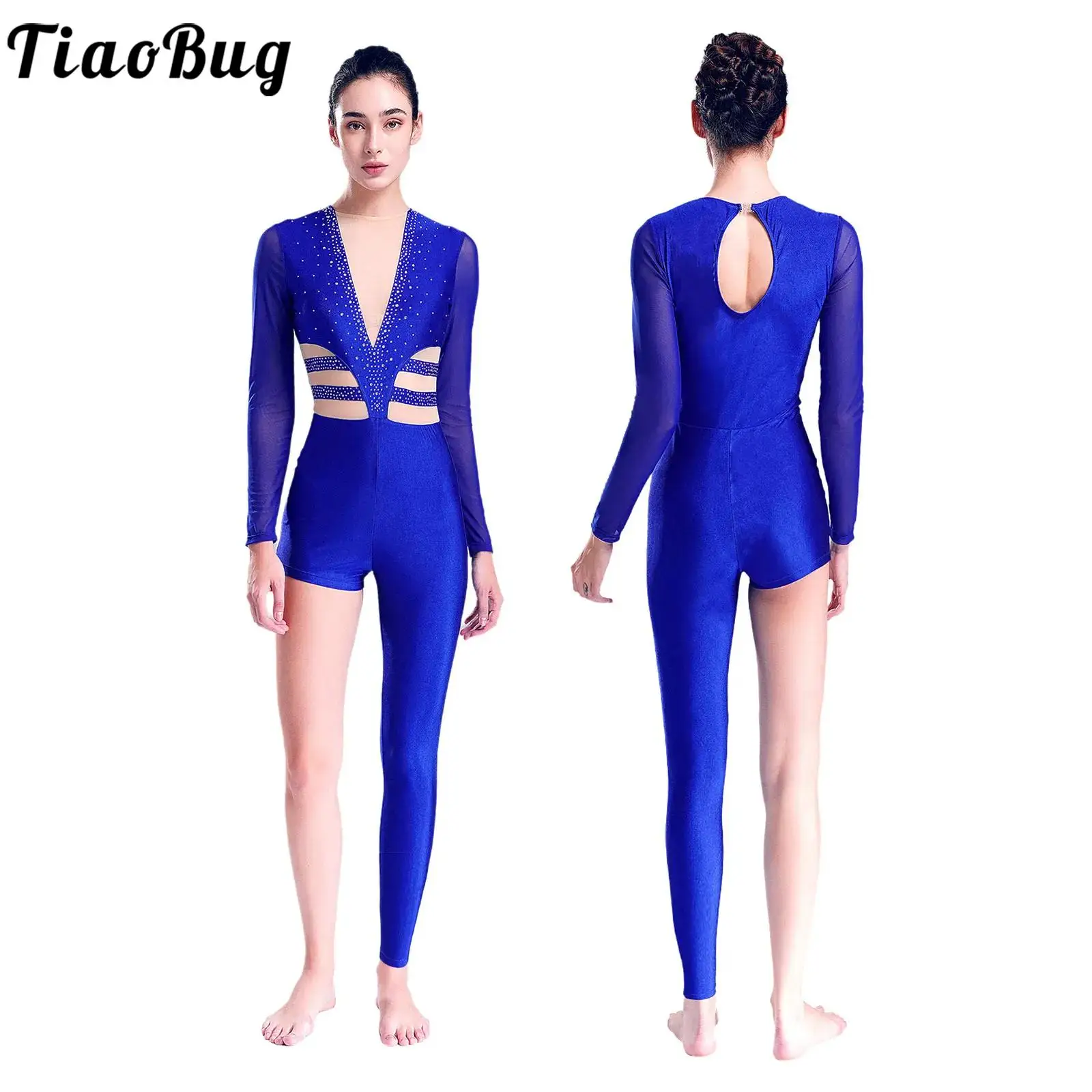 Dames Jumpsuit Turnpakje Met Lange Mouwen En Steentjes Latin Balletdans Bodysuit Uit Één Been Eendelig Unitard-Kostuum