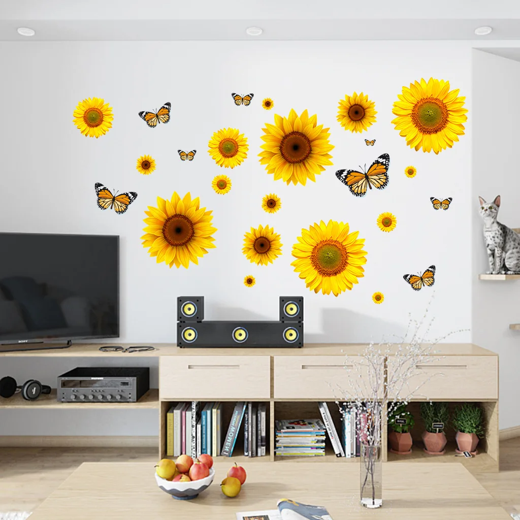 Sunflower Butterfly Wall Sticker Grass Flower Flora Wall Decal Bedroom Living Room Kitchen Decor Wall Art Home Decoration