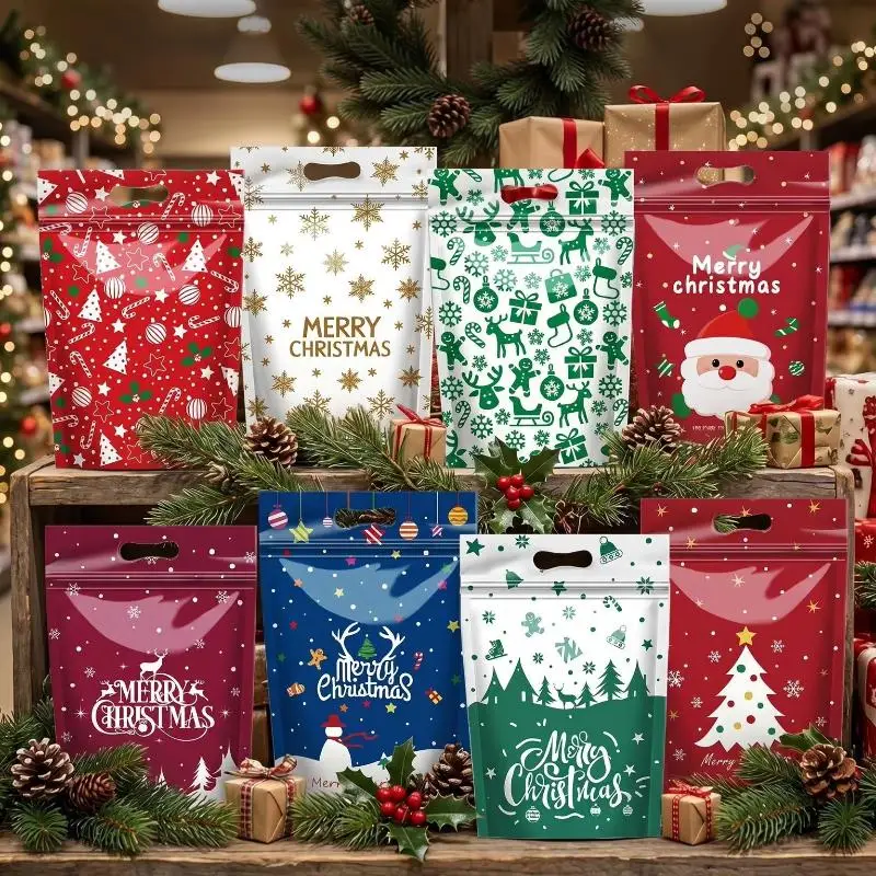 50Pcs Resealable Christmas Zip Lock Bags 50PCS Clear Christmas Plastic Sealing Bags With Handles For Xmas Holiday Party Candy