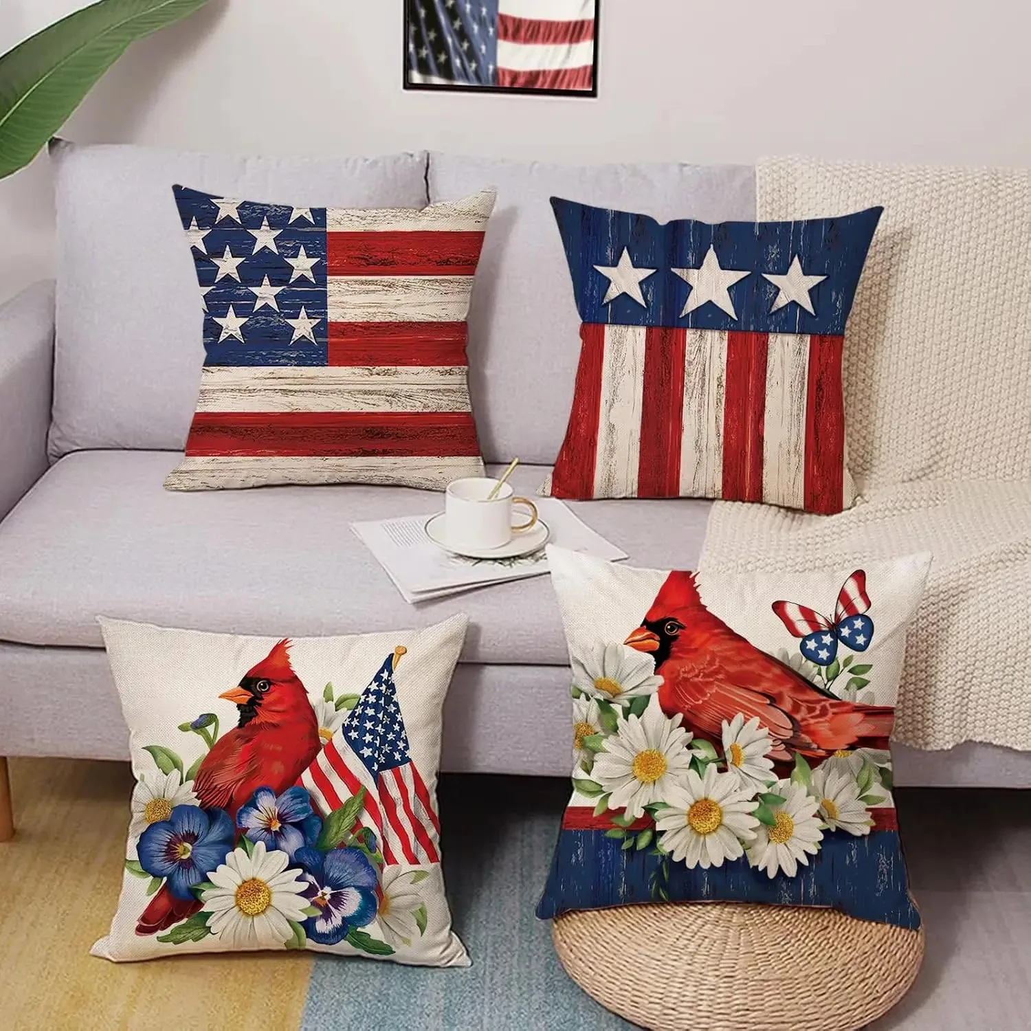 4th of July Cardinal Decorative Throw Pillow Covers of 4, Patriotic America Red Birds Daisy Pansy Flower Outdoor Home Decor