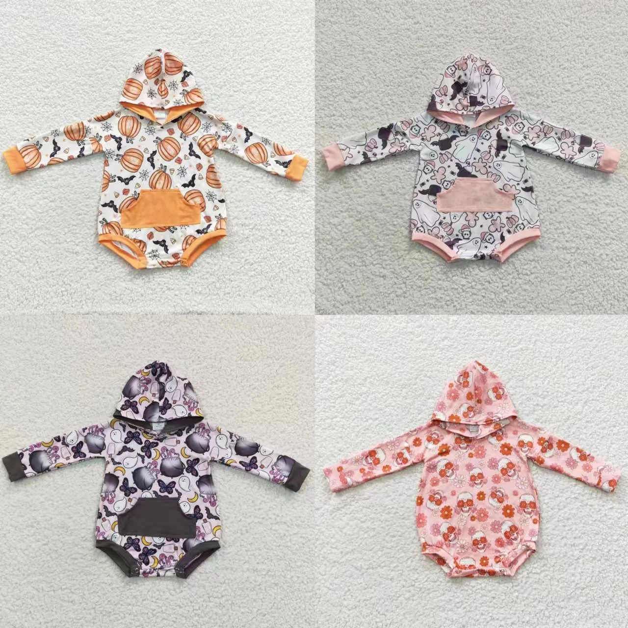 Wholesale Halloween Pumpkin Ghost Newborn Bubble Baby Girl Flower Hoodie Romper Children Floral Jumpsuit Kid Toddler One-piece