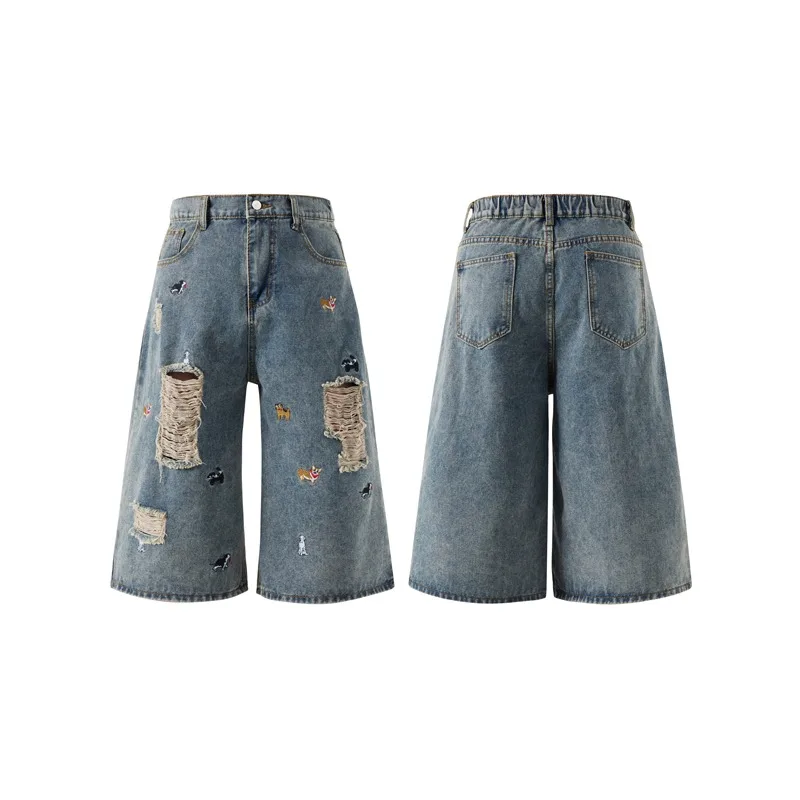 

Washed Hole Damaged Denim Jeans Loose Wide Leg Seven Points Shorts Men Women Classic Embroidery Dog Pattern Calf-length Pants