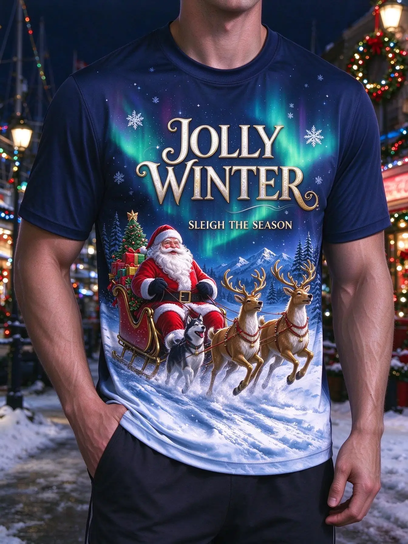 Men Christmas T-shirt Jolly Winter Santa Sled Husky Dog Aurora Snow Graphic Short Sleeve Casual Tee