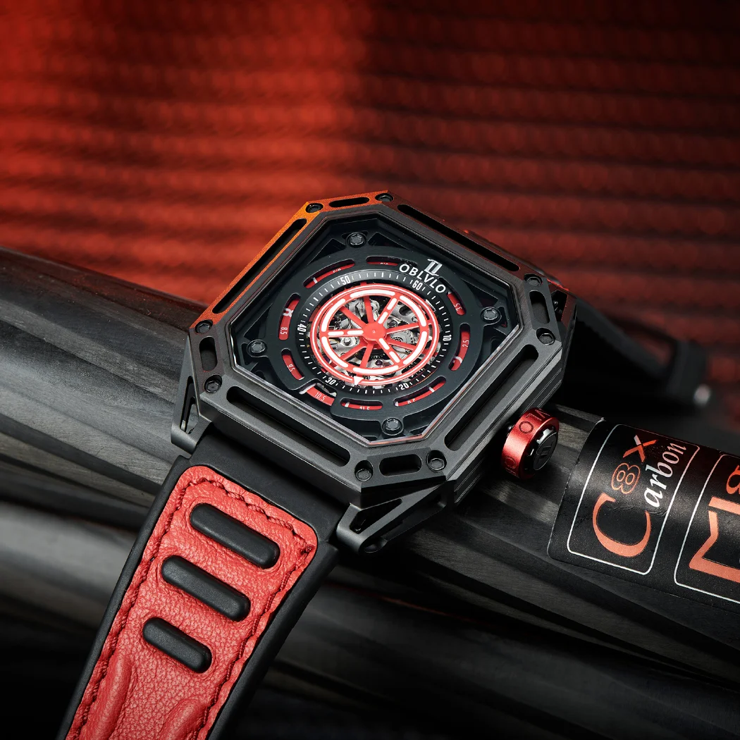 مستطيل فاخر أسود ساعة رياضية للرجال الذاتي الرياح الميكانيكية ساعة أوتوماتيكية مقاوم للماء مربع كول ساعة مضيئة المطاط AK