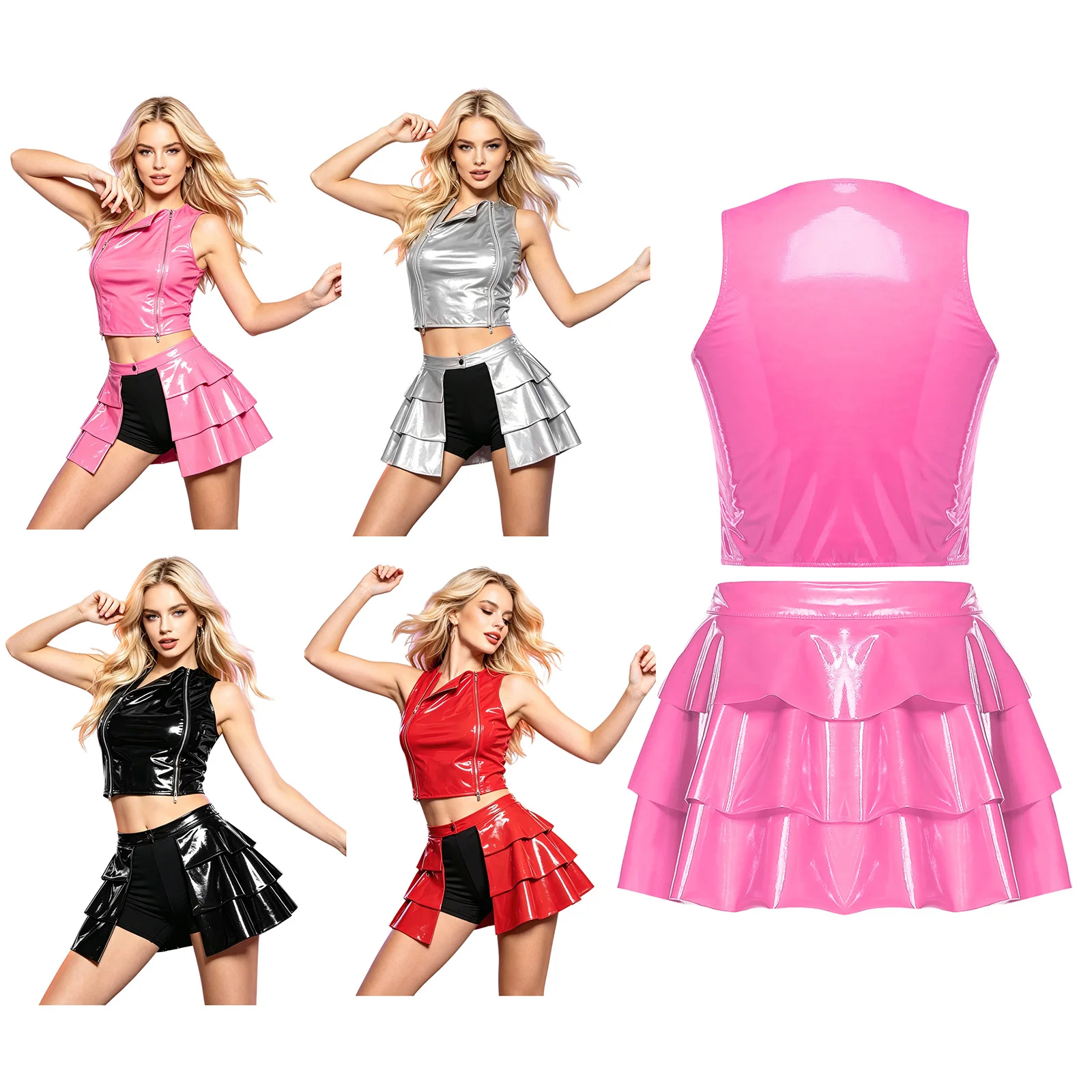 Women’s Wet Look PU Leather Clubwear Glossy Sleeveless Zippers Crop Top And Open Front Tiered Ruffled Mini Skirt Rave Nightclub view 5