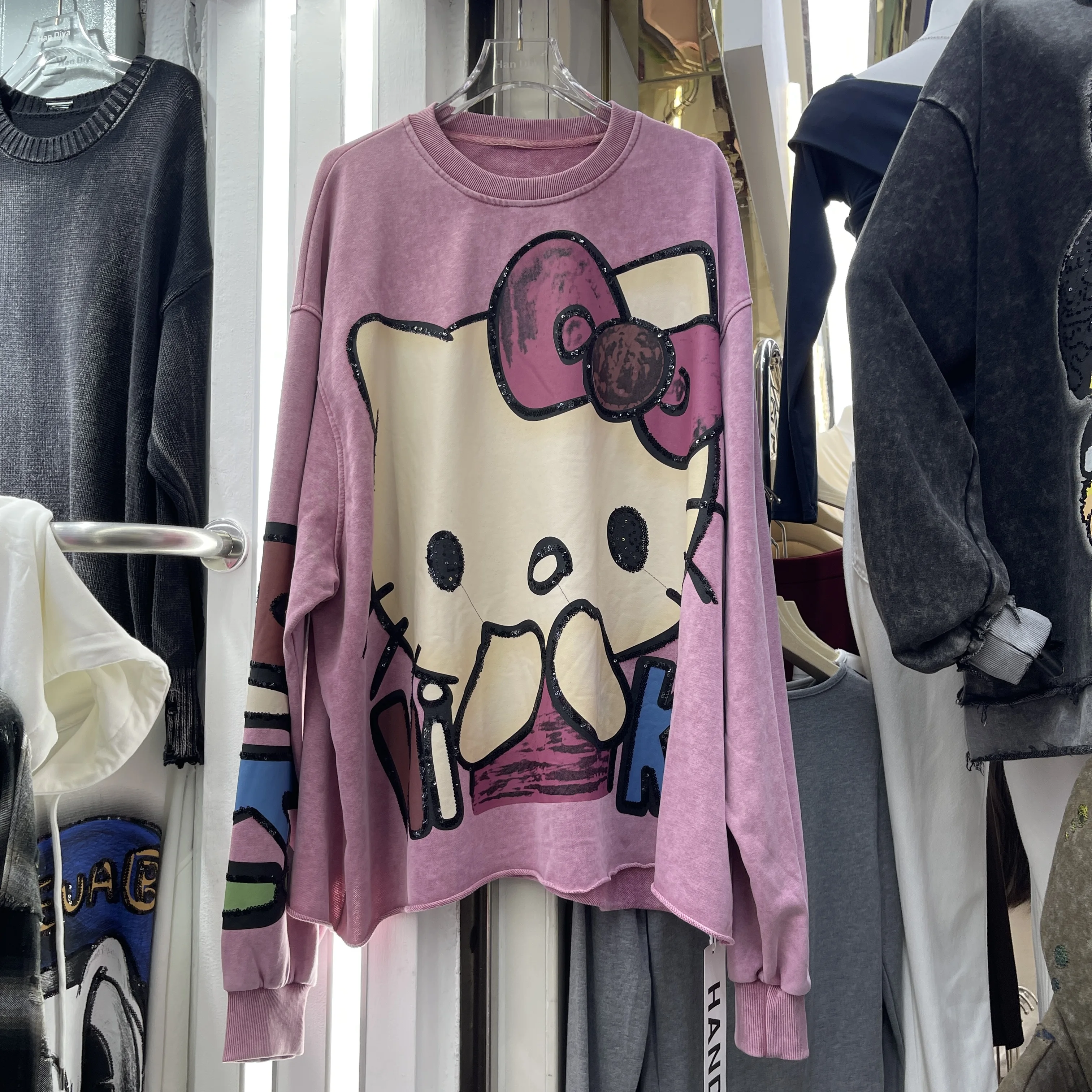 Autumn New Heavy Craft Versatile Cartoon Retro Distressed Style Sweatshirt Top Loose Mid-Length Oversized Jacket Sudaderas Mujer