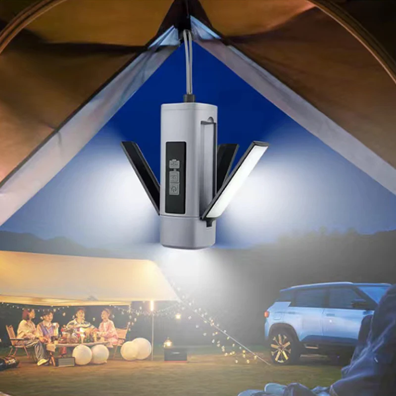 Multifuncional led lanterna de acampamento recarregável emergência ao ar livre luz portátil dobrável acampamento pesca com display digital