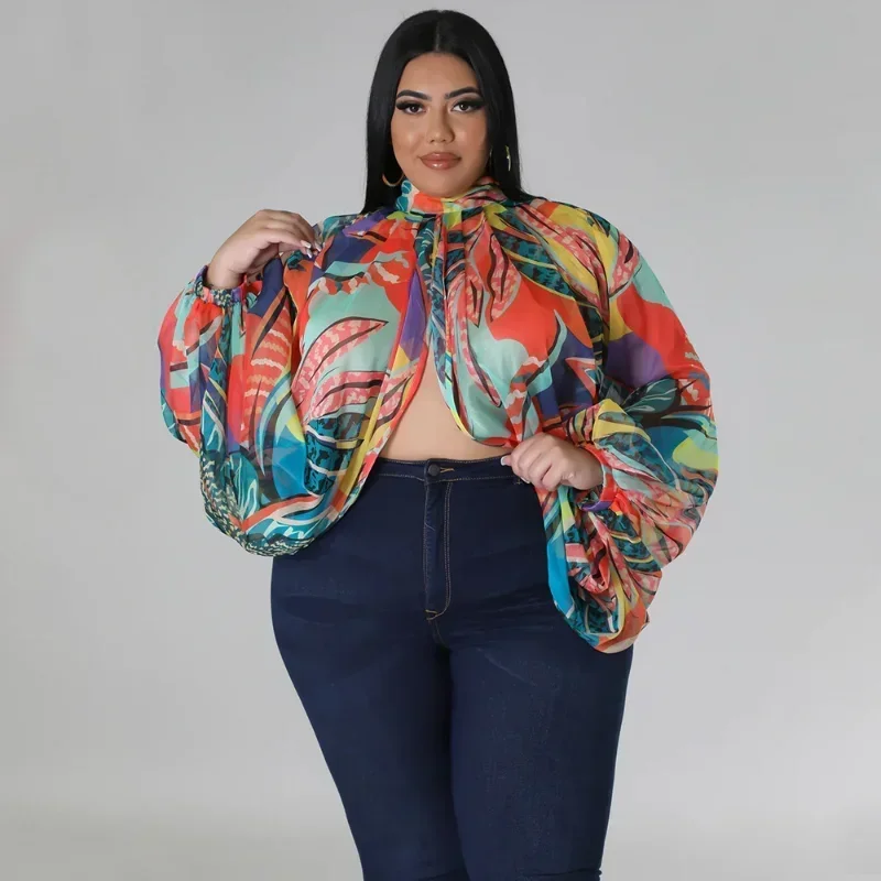 KEXU Plus Size Fashion Gradient Printed Batwing Long Sleeve Front Split See Though Loose Women Blouse Sexy Party Club Shirt Tops