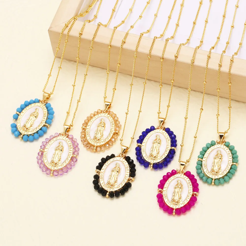 Round Gold Plated Virgin Mary Necklaces for Women Colorful Beads Disc Guadalupe Necklaces Religious Jewelry nkeu49