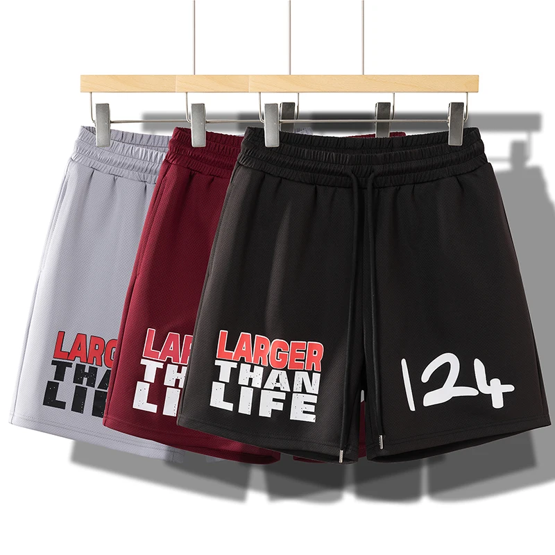 Pantalones cortos deportivos de baloncesto de malla para hombre y mujer, pantalones cortos deportivos holgados transpirables con estampado de números 124, color negro, gris y rojo, verano