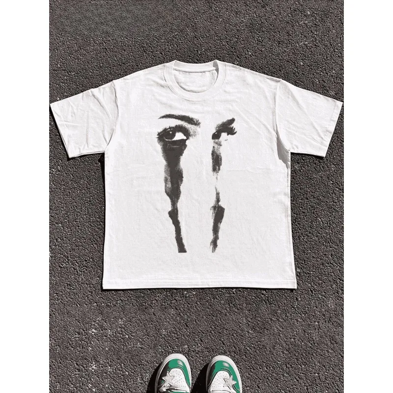 Cotton Post Punk Weeping Eyes T-shirt Unisex Y2K Aesthetic Pattern Printed T-shirt Top T-shirt