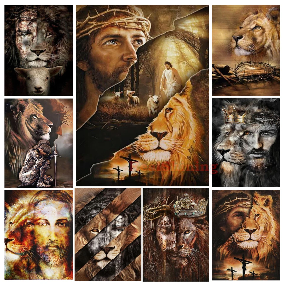 Motivational Art 5D Diy Diamond Painting Lion and Religion Jesus Pray Picture Of Rhinestone Full Mosaic Diamond Embroidery A700