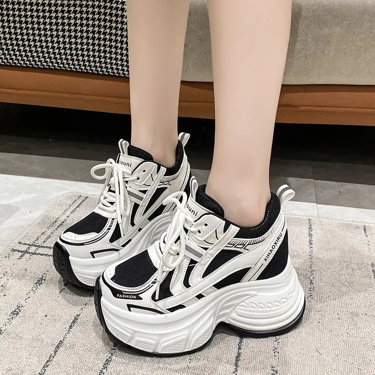 10 centimetri Air Mesh Genuino Cuoio DELL'UNITÀ di elaborazione Delle Donne Skate Boarding Tacchi di Alta Marca Casual Scarpe Vulcanizzate Della Piattaforma Della Cuneo Estate Autunno scarpa