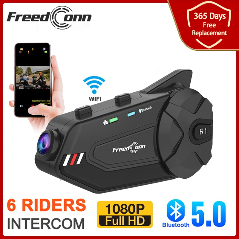 

Freedconn R1 PLUS Bluetooth Motorcycle Helmet Headset Group Intercom Waterproof 1080PWiFi Video Recorder DVR 6 Riders Bluetooth