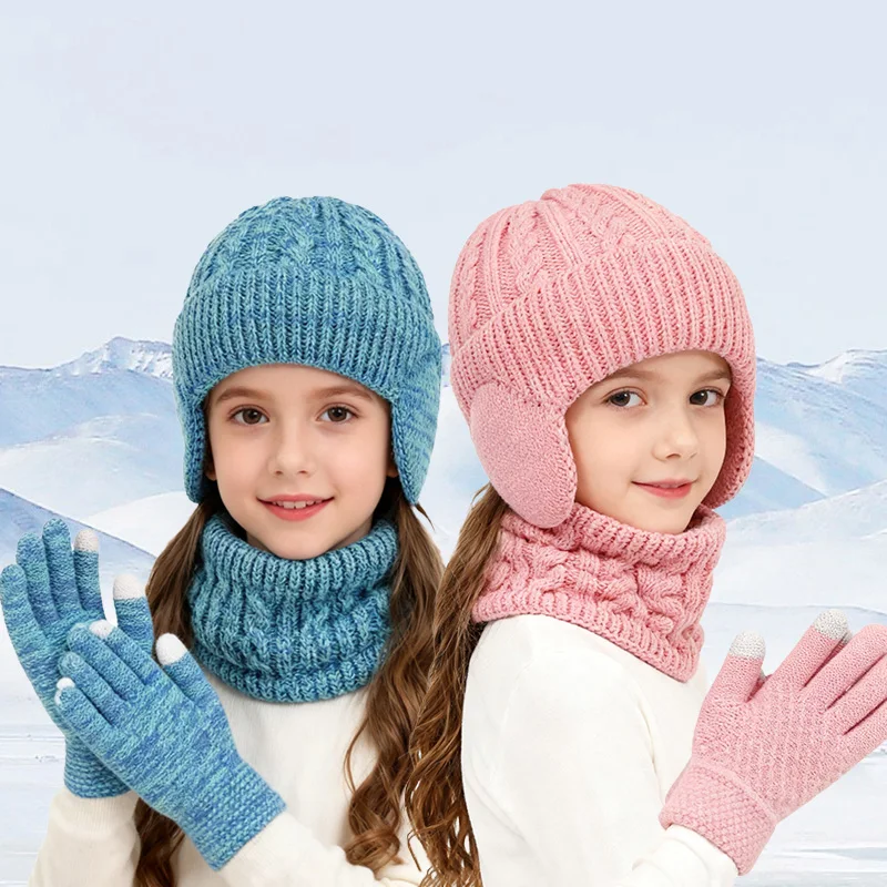 

3Pcs Children Winter Hat Scarf Gloves Set Warm Ears Kids Knitted Hat Neck Warmer Suit Thick Child Beanie Kids Bonnet Cap 4-10Y