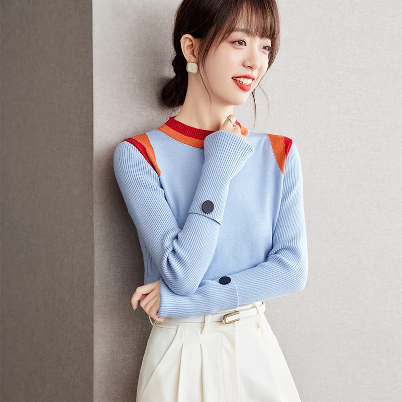 

French Style Vintage Blue Sweater Knitwear Autumn Winter Women Elegant Long Sleeve Half Turtleneck Slim Knit Pullover Tops A2633