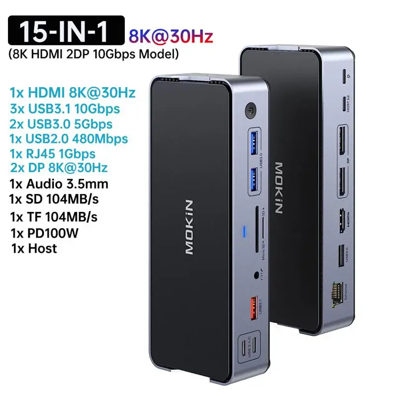 To 10Gbps USB C HUB Docking Station,8K 30Hz Dual HDMI,DP, 3 USB 3.1, RJ45,Audio,100W PD Adapter For MacBook Air M1 M2 hub usb