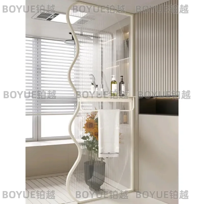 Cream Style Shower Screen Glass Partition Bathroom Dry Wet Separation Wrought Iron Stainless Steel Storage Blocker Modern