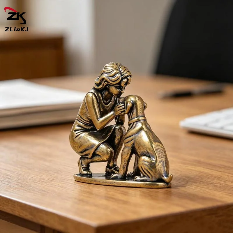 (ZYDD01) 1Pcs Brass Girl Dog Figure Home Desk Ornament Retro Figurine Small Decorative Crafts Creative Decor - view 3