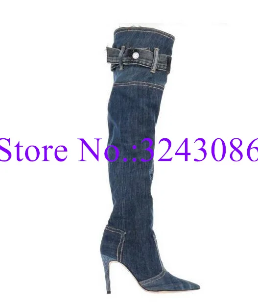 

New Blue Denim Long Boots Woman Fashion Pointed Toe Thin Heel Over the Knee Boots Lady Sexy Banquet Shoes Dropship