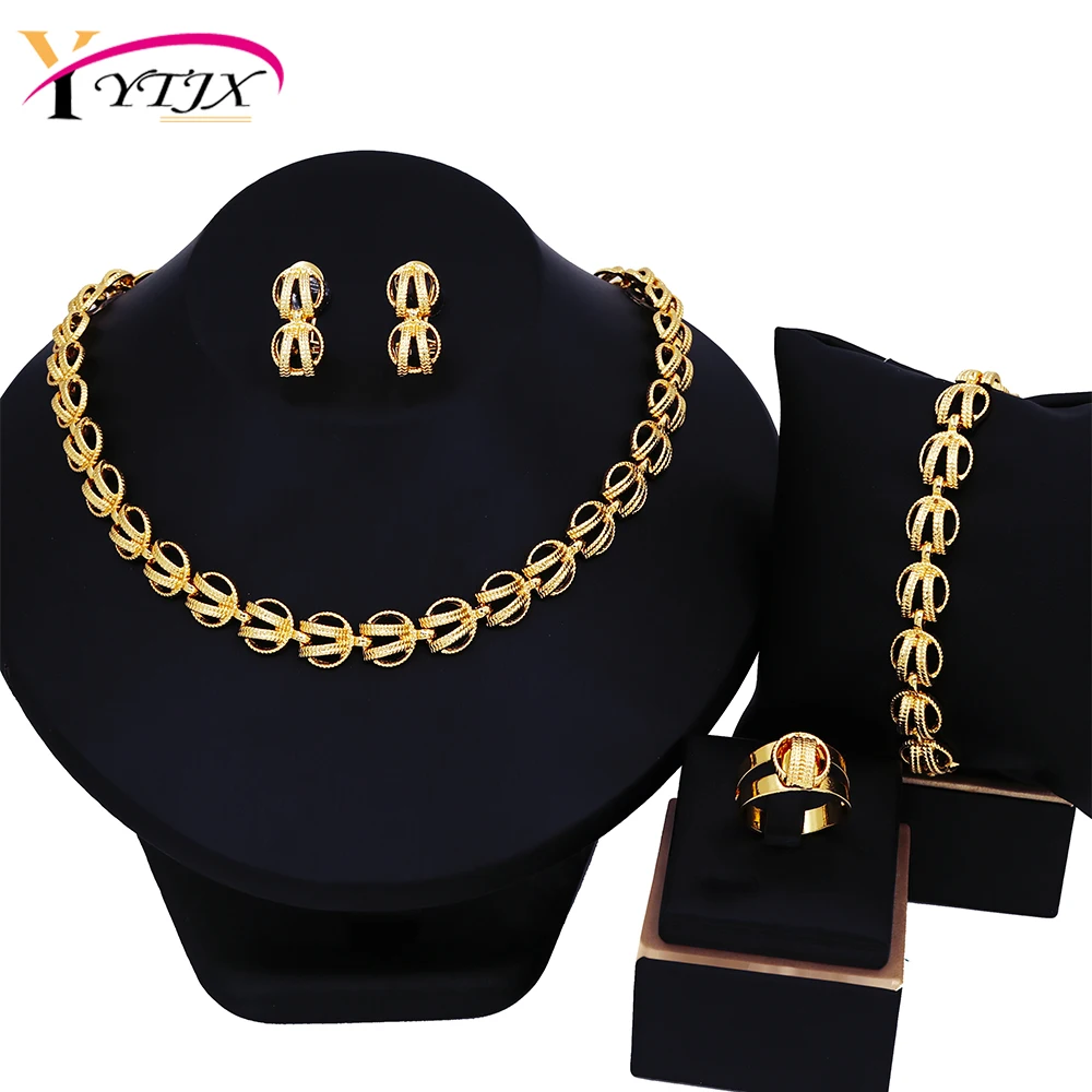 

YTJX 4Pcs Gold Plated Jewelry Set Golden Color Chains Necklace Bracelet Earring Ring For Women Italian Wedding Party Jewellery