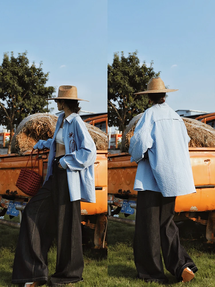 TIYIHAILEY Lente Gestreepte Herfst Blouse Tops Vrouwen Lange Mouw Tees Borduren Losse Shirt Turn Down Kraag Enkele Breasted 2025