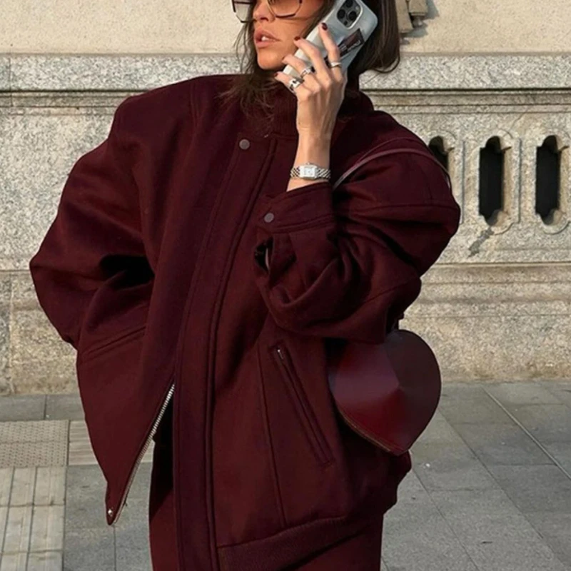 

Krismile Women's Avant Garde Lazy Style Burgundy Jacket Blend Baseball Collar Autumn Winter Warm Loose Casual Edgy Streetwear