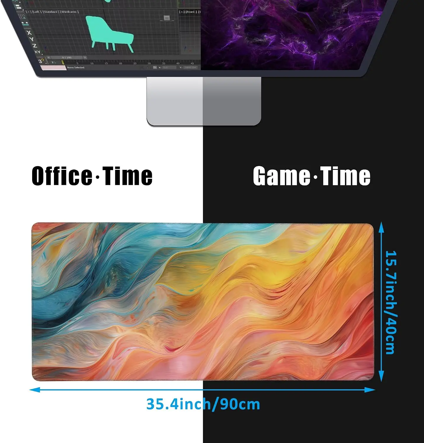 Abstract Paint Large Desk Mouse Pad, Bright Multi‑Color Swirl Liquid Fluid Marble Texture Art Print, Non‑Slip Mat For Gaming
