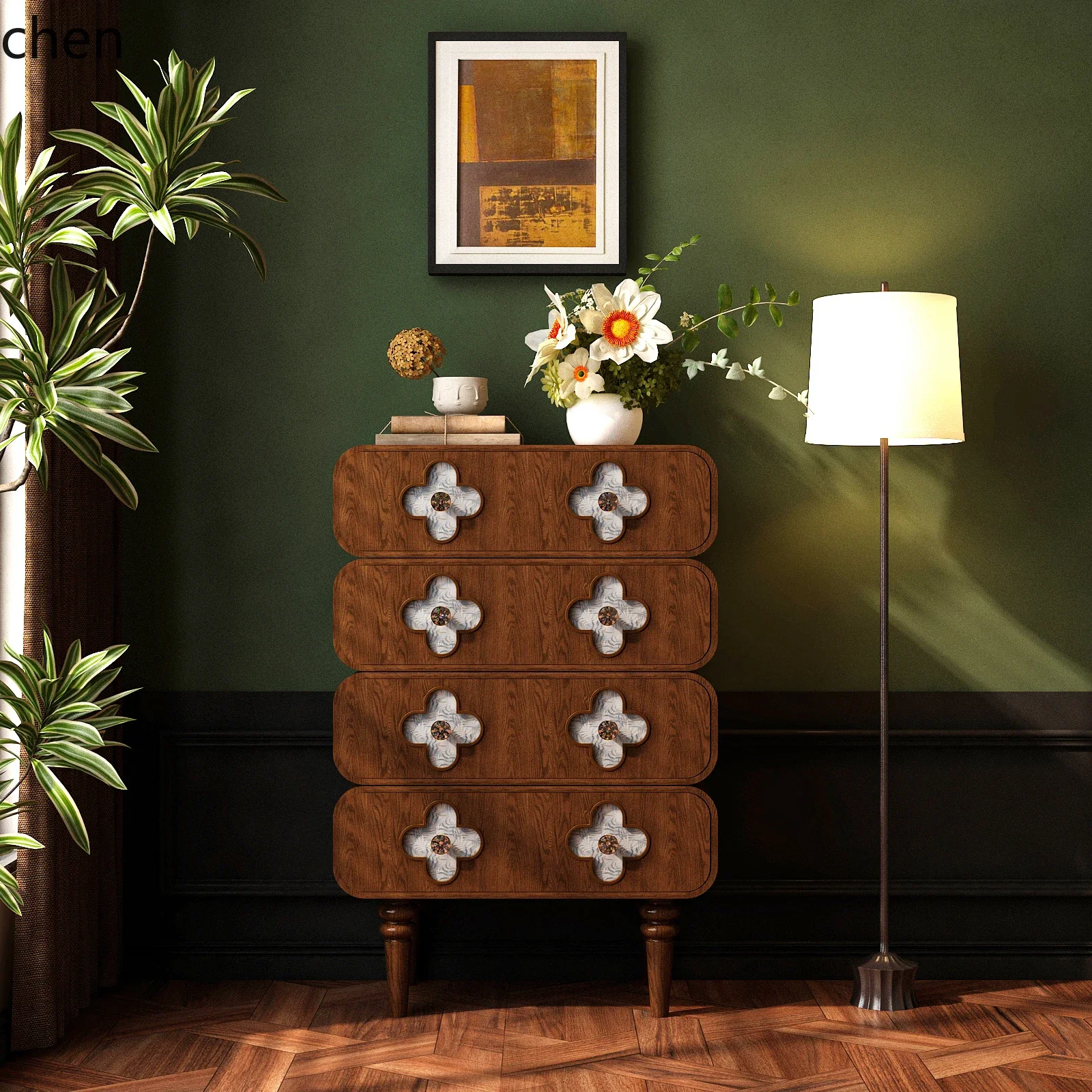 W5.19 bedside table, bedroom locker, solid wood rack, premium retro niche drawer