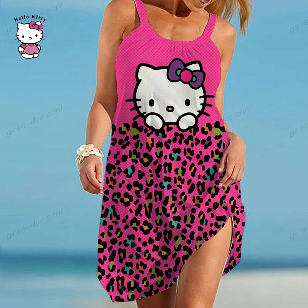 Summer Women Dress Fashion Slim Loose Dress Sexy O-Neck Sleeveless Hello Kitty Printing Sling Dress Elegant Women Dress Vestidos