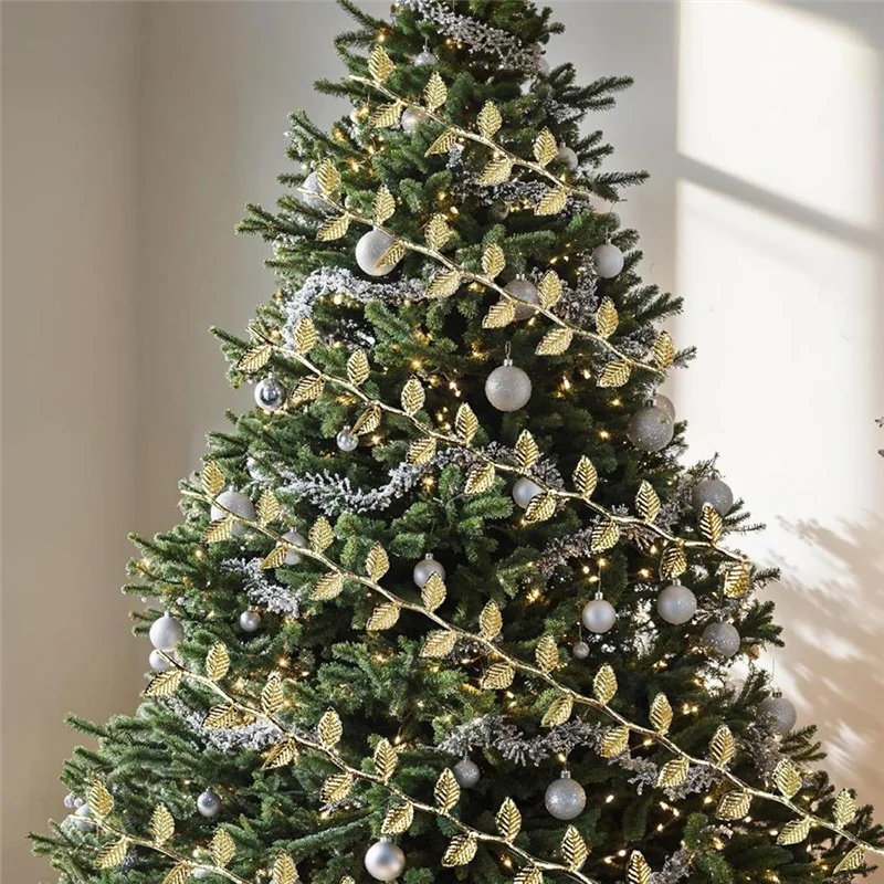 ABMO Ribbon Garland,33 Feet Xmas Gold Ribbon,Gold Leave Ribbon Garland DIY Crafts For Gift Wrapping,Decorations