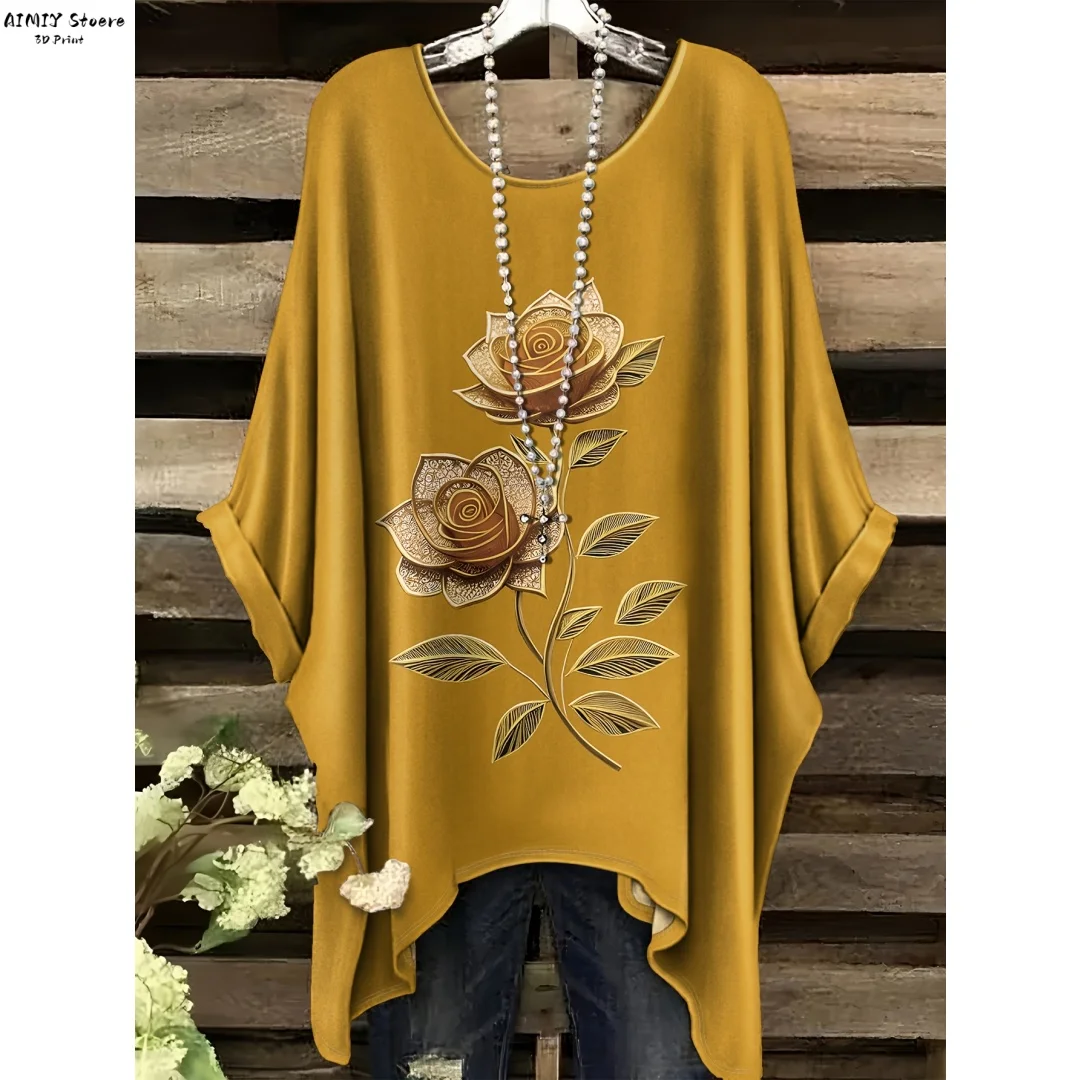 

Женская футболка с богемным цветочным принтом — элегантный ретро-дизайн с ярким узором розы и листьев, повседневная моющаяся в машине