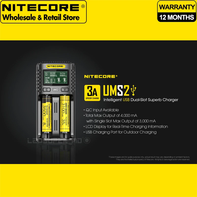 

Интеллектуальное зарядное устройство USB NITECORE UMS2 с ЖК-дисплеем и двумя слотами, совместимое с батареями 18650/2177/AA/AAA и т. д.