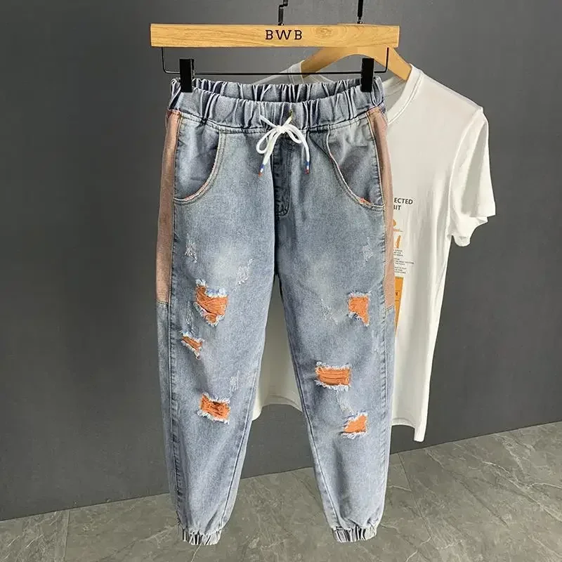 Men's Jeans Broken Cropped Trousers with Holes Man Cowboy Pants Ripped Harem Torn Spring Autumn Summer Stacked Plus Size Washed