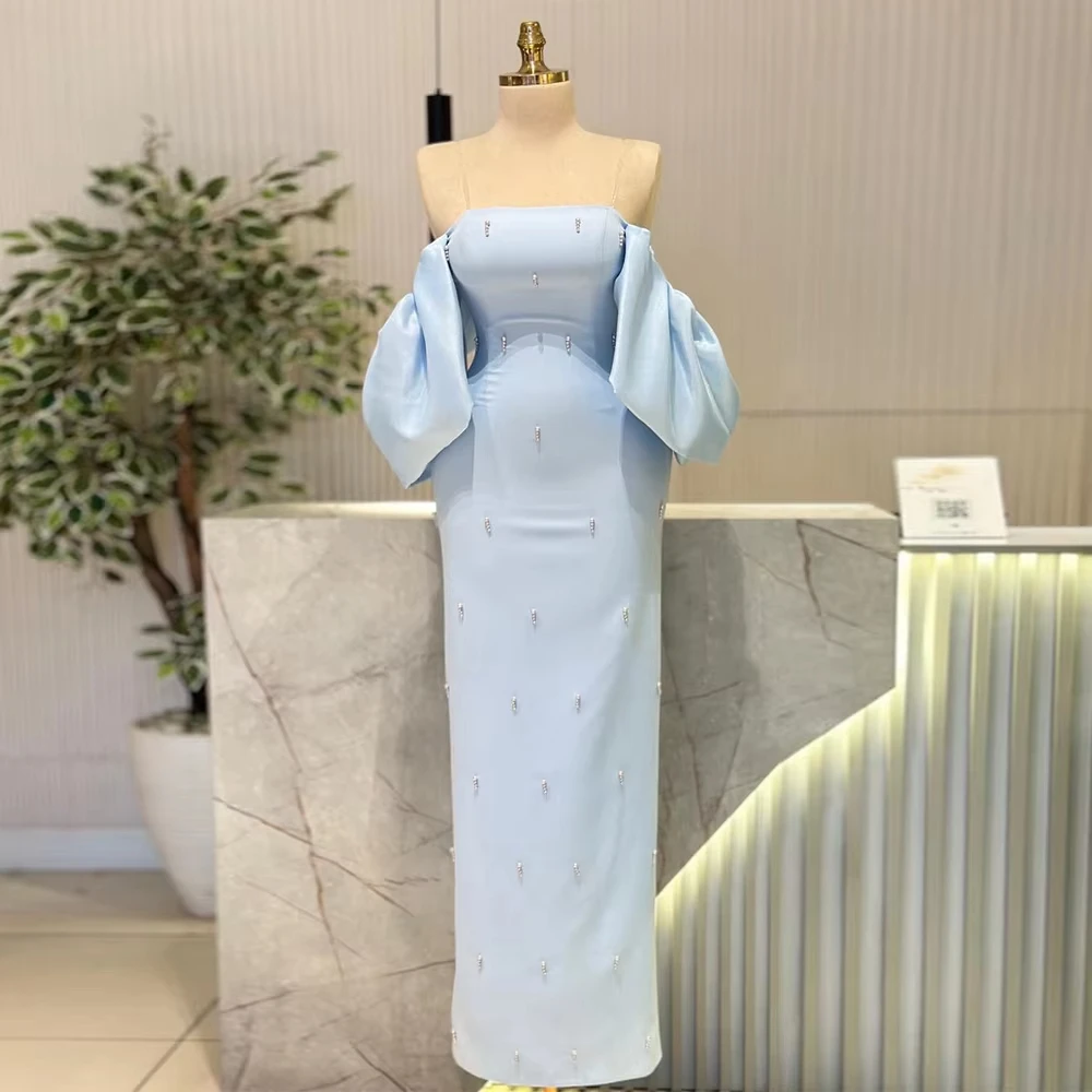 

Sky Blue Off Shoulder Evening Dress 2025 Strapless Bead Sheath Backless Prom Dresses Anke Length Wedding Party Dress Customized