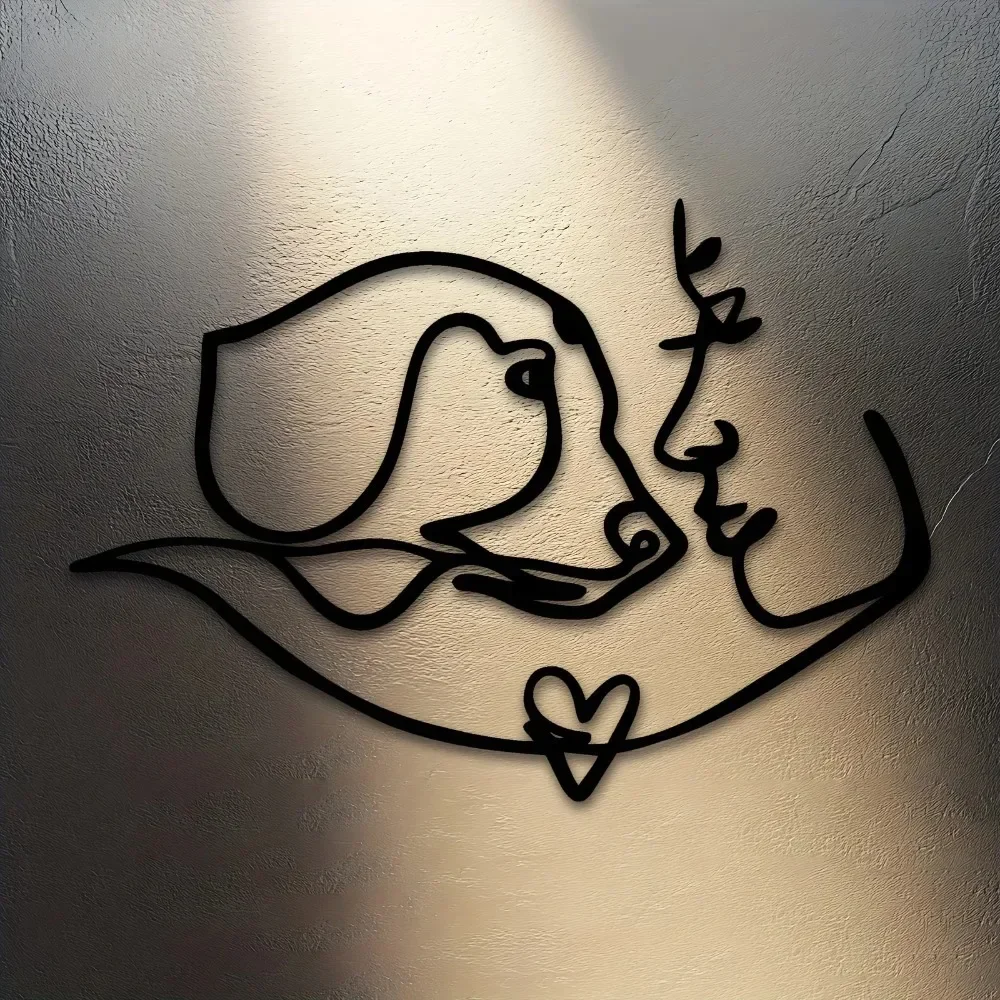 CIFBUY Metal Wall Art Minimalist One Line Lady And Beagle Dog Silhouette Iron Hanging Decor For Pet Lovers Farmhouse Bedroom