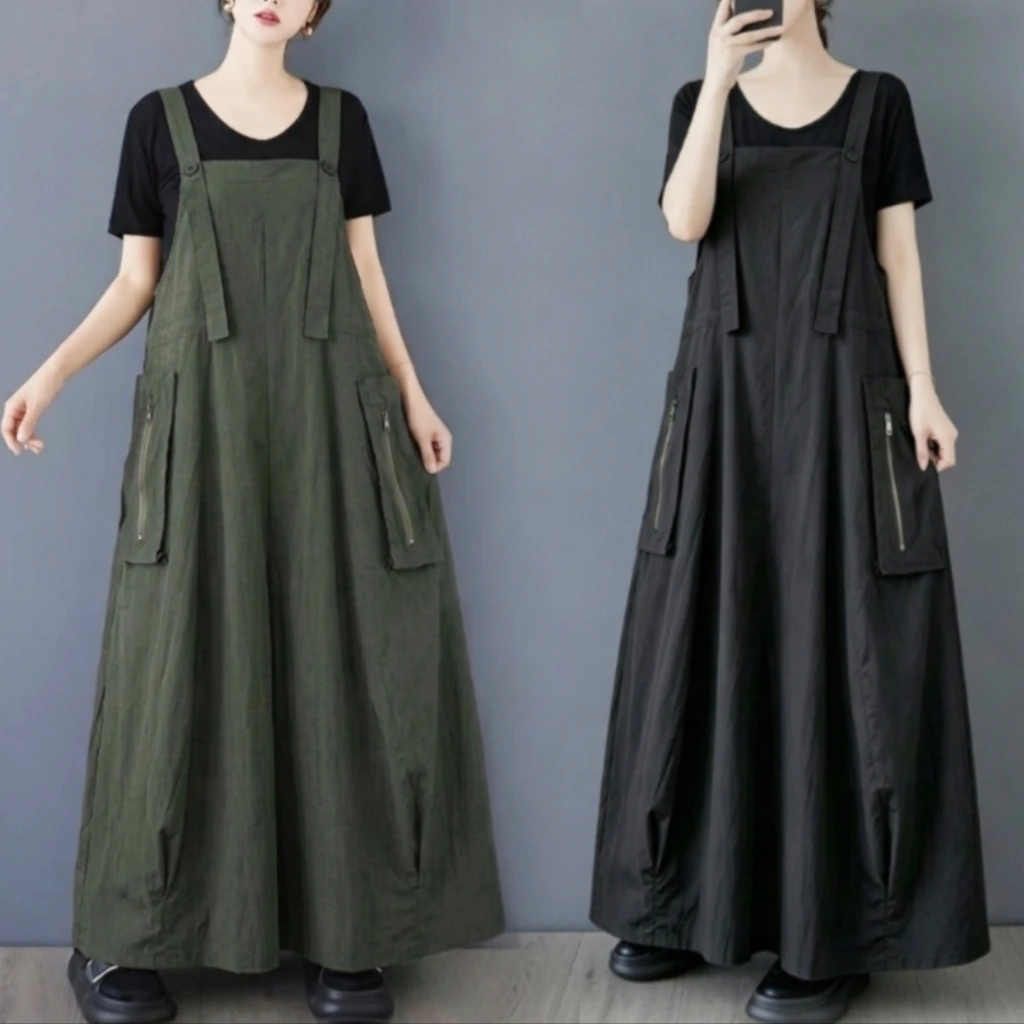 Korean Style Loose Wide Pocket Zipper Design Halter Dress Adjustable Back Cord Slimming Long Skirt Casual High Waist Cotton P...