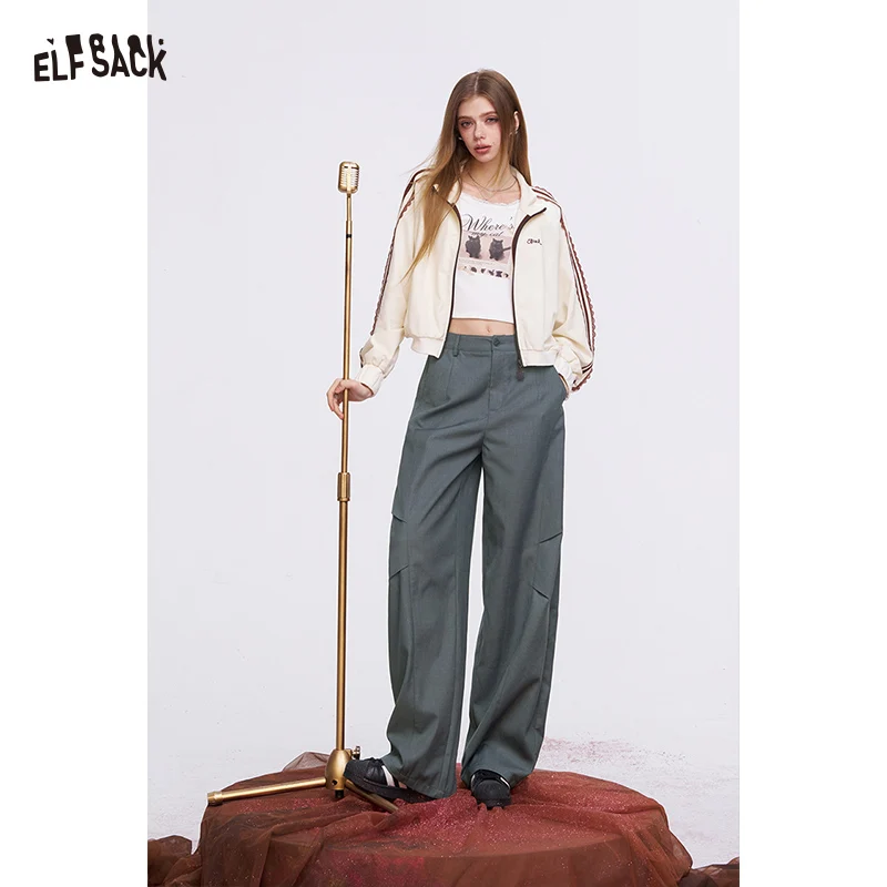 

ELFSACK Women's Dark Grey Wide Leg Pants with Deconstructed Patchwork, Chic Cargo Trousers for Daily, Baggy High Waist Slacks