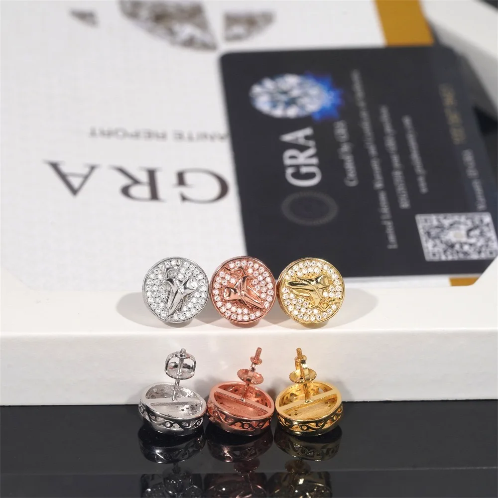 Iced Out D-Farbene Moissanit Handgefertigte Ohrstecker mit Schraubverschluss, Hip-Hop Rock 925 Sterling Silber Diamant-Ohrringe, Testergeprüft mit GRA – Detail 6