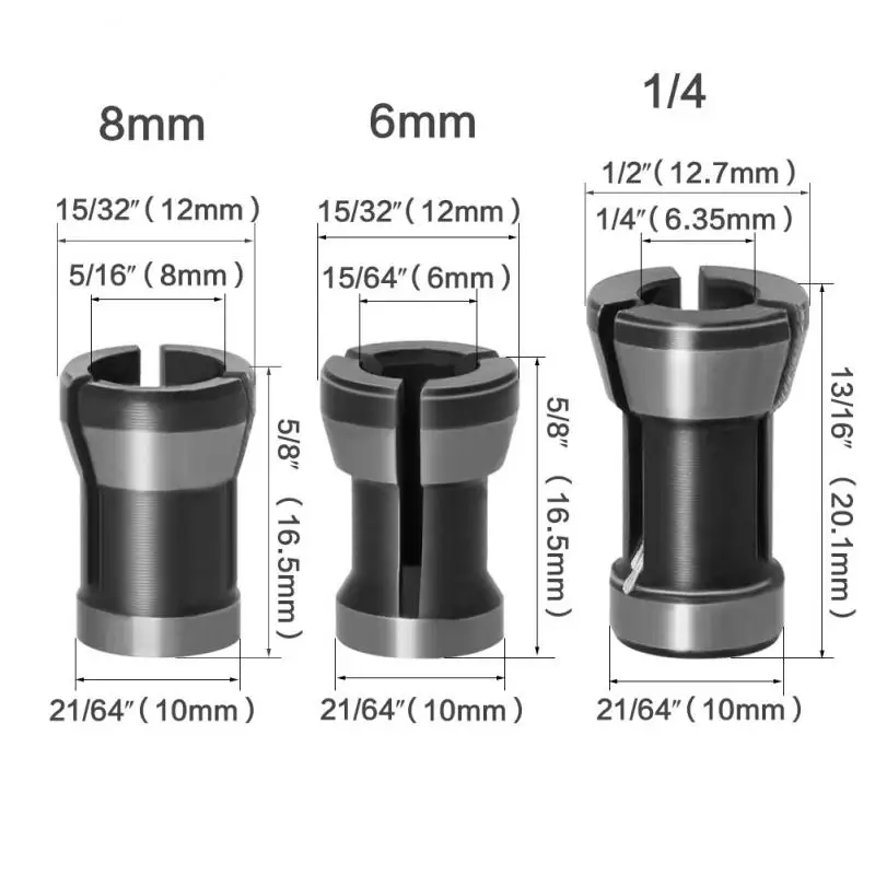 3PCS High Precision Adapter Collet 8mm 6.35mm 6mm Collets Chuck Engraving Trimming Machine Router Milling Cutter Accessories