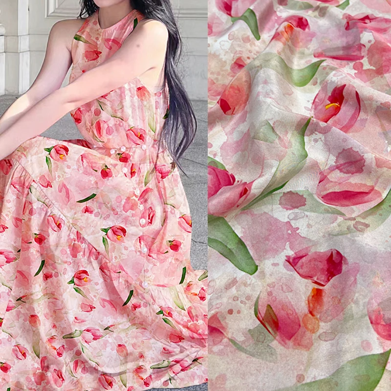 140CM Wide 18MM Silk Crepe de Chine Fabric,Gorgeous Tulips Floral Printed Stretch Silk Fabric for Cheongsam Pants Dress D1686