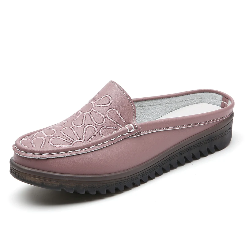 Flat Slip On Half Shoes For Women Slip-ons Flats Leather Casual Slippers Loafers Female Summer