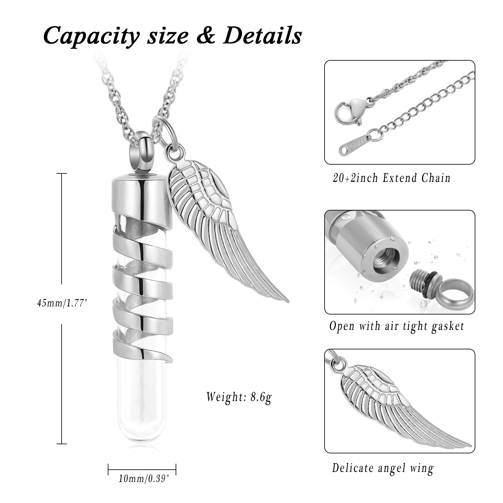 Glass Tube Cylinder Cremation Jewelry for Ashes Stainless Steel Urn Necklace Memorial Jewelry Ash Holder Pendant for Men Women