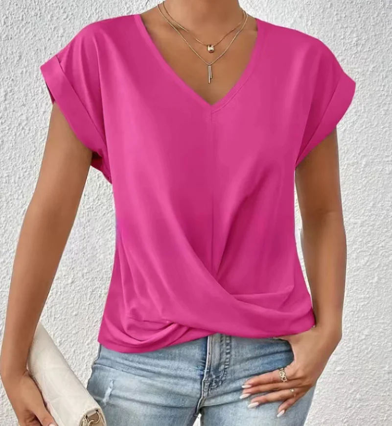 Camisetas Tees Kleidung Schwarz Weiß V-Ausschnitt Damen T-Shirt Neues Sommer Einzigartiges Kurzarm-T-Shirt Damen Tops Damenbekleidung Q5593 – Detail 5
