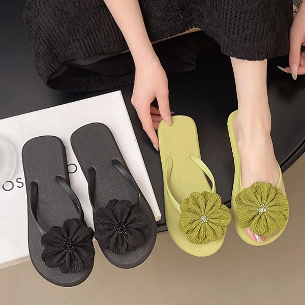 캐주얼 플라워 플립플롭 클립 토 안티 슬립 플랫폼 플립플롭 아우터웨어 슈즈 PVC 플랫 솔 슬리퍼 여름