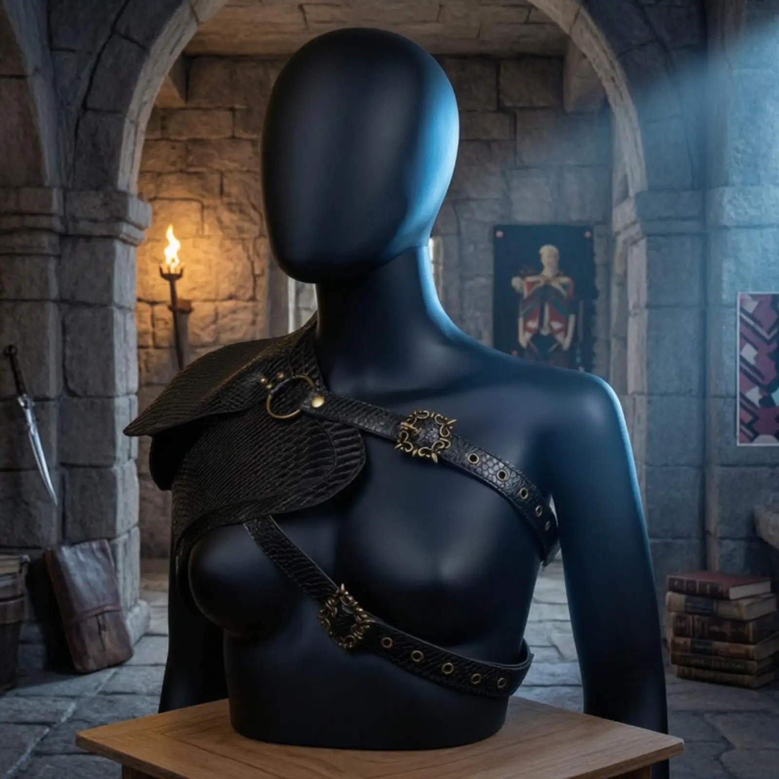 PU Leather Women Armor Costume Harness One Shoulder Wrap Adjustable Metal Embellished Straps for Stage Performance Knight Themed