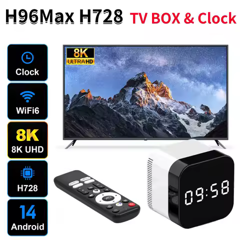 H96Max H728 Smart TV Box Android 14.0 WIFI 6 Bluetooth 5.X Media Player 8K Alarm Clock TV Box with 2.4G Voice Remote Control