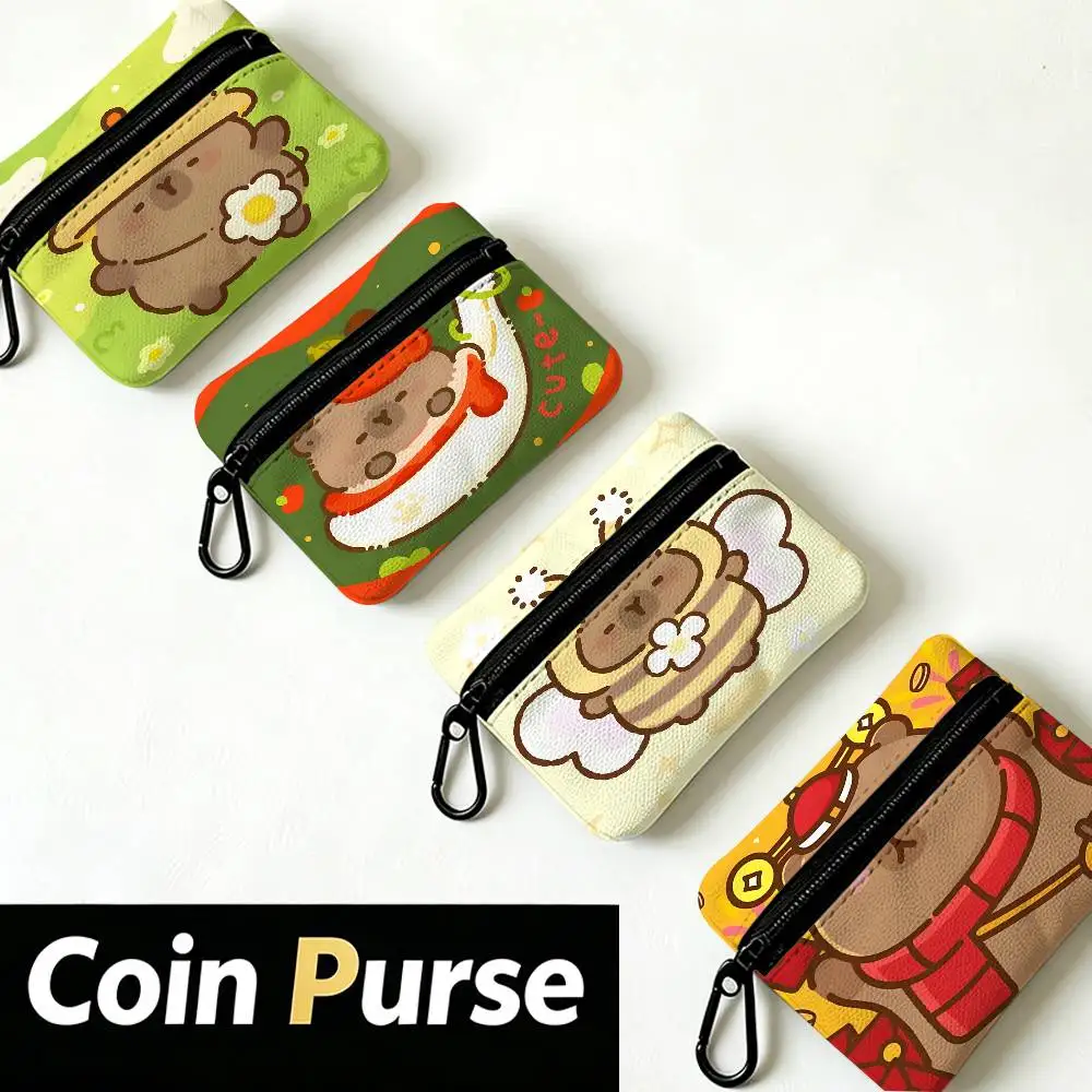 Capybara Portable Mini Oxford Cloth Coin Purse With Carabiner Hook Zipper Key Card Earphone Storage Wallet